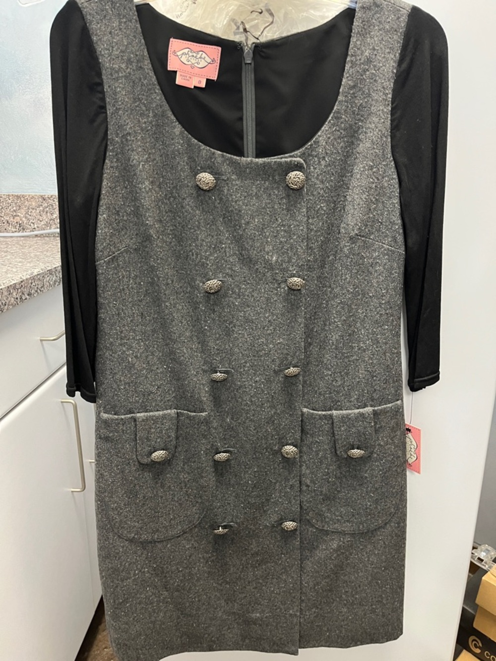 Phoebe Couture Gray Wool-Blend Mid Dress with Black Sleeves